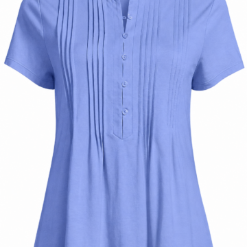 Light Blue Mandarin Collar Pintuck Blouse with Short Sleeves