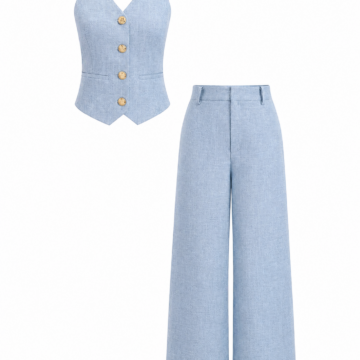 Light Blue Halter Neck Vest and Wide-Leg Trousers Set