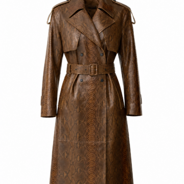 Brown Snakeskin Print Longline Trench Coat with Belt and Epaulettes