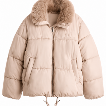 Light Beige Oversized Puffer Coat with Faux Fur Collar