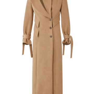 Camel Long Tailored Coat with Exaggerated Collar and Self-Tie Cuffs