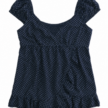 Navy Blue Polka Dot Scoop Neck Top with Ruffle Hem