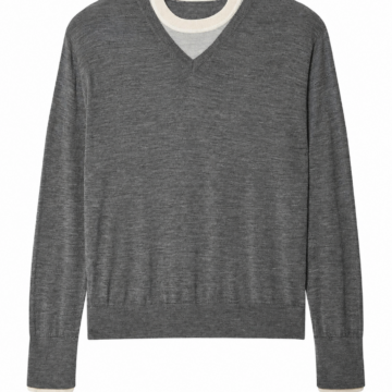 Heathered Grey V-Neck Sweater with Off-White Trim