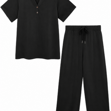 Black Split V-Neck Top and Wide-Leg Drawstring Pants Set