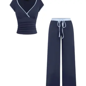 Navy V-Neck Ruched Top and Wide-Leg Pants Set with Light Blue Piping