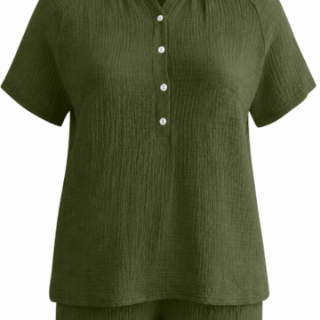 Dark Olive Green Crinkle Two-Piece Set with Collared Top and Shorts
