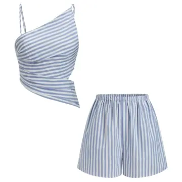 Blue and White Striped Two-Piece Set with Cropped Cami Top and Shorts