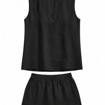 Black Sleeveless V-Neck Top and Shorts Set with Crinkle Finish