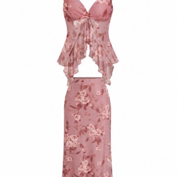 Dusty Rose Floral Print Cami Top and Midi Skirt Set