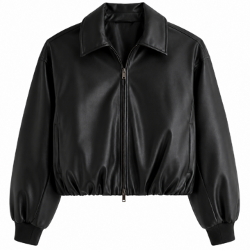 Black Cropped Faux Leather Jacket with Ribbed Cuffs