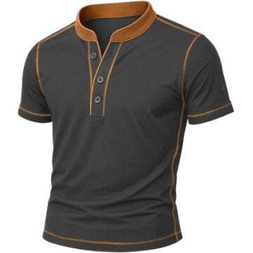 Dark Charcoal Henley Polo Shirt with Contrast Tan Collar and Stitching