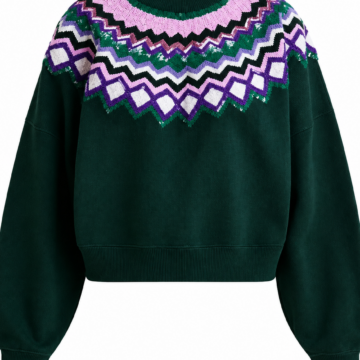 Forest Green Fair Isle Sequin Zigzag Knit Sweater with Balloon Sleeves