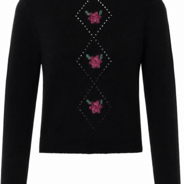 Black Floral Rhinestone Detail Crew Neck Knit Sweater