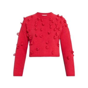Red Cropped Crew Neck Knit Sweater with 3D Loop Yarn Detail